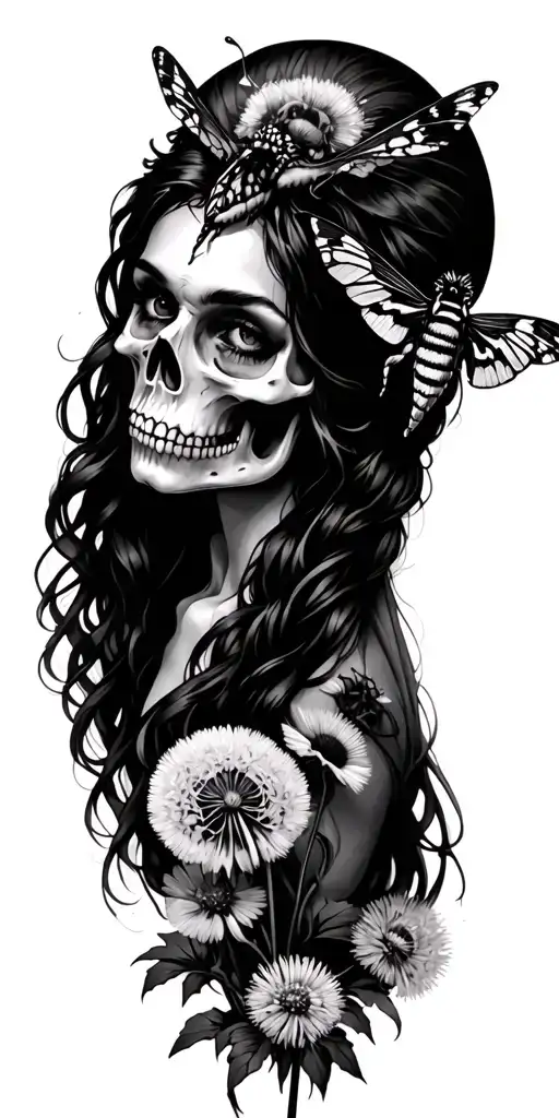 Irish siren with dead head moth and dandelions intertwined tattoo design idea