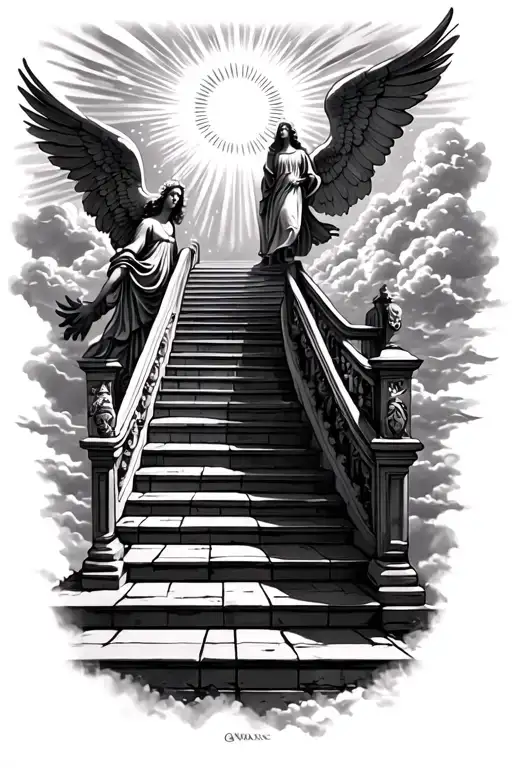 stairway to heaven walking up stairs angels sun rays clouds heaven gate at the top of the stairs  tattoo design idea