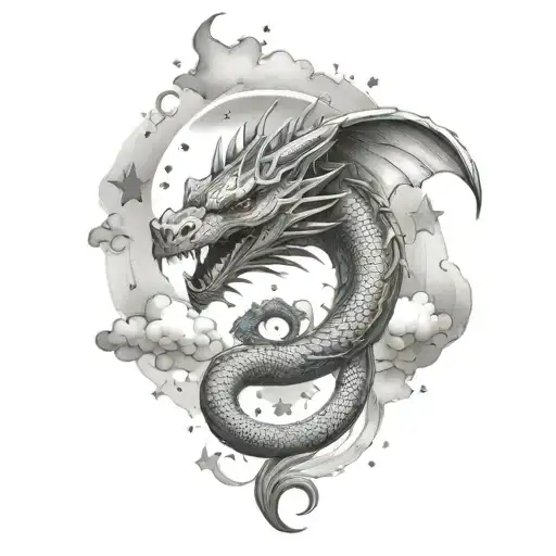 Dragon with stars and clouds tattoo design idea