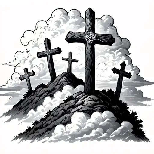 3 normal Crosses On Hill with clouds tattoo design idea