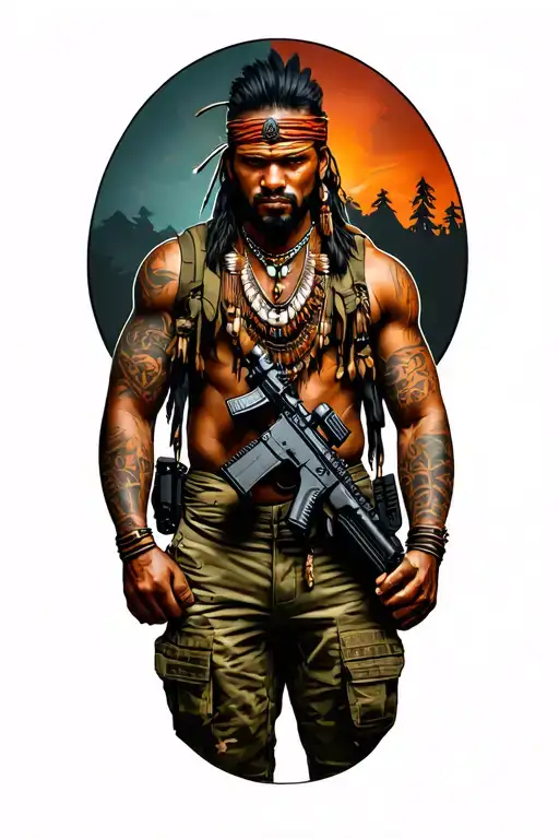 arm tattoo, half mango, black style, from an indigenous cariri warrior, wearing an AK-47, wearing tactical pants and co tattoo design idea
