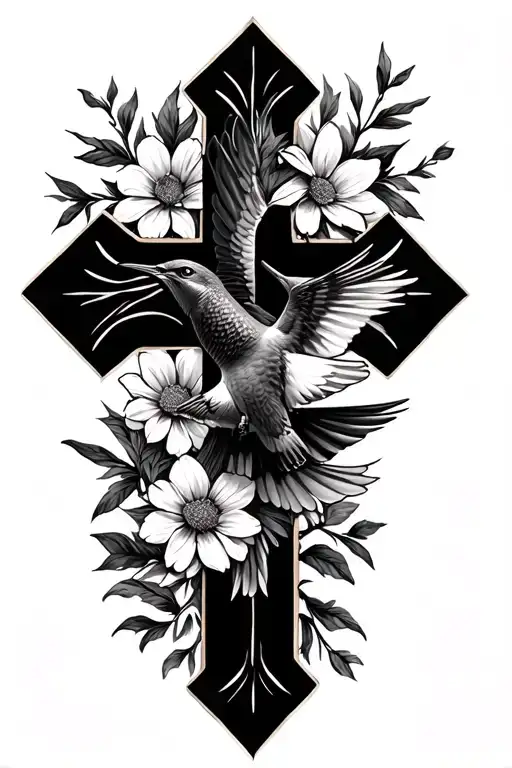 feminine cross made of flowers with hummingbird and soaring red tail hawk tattoo design idea