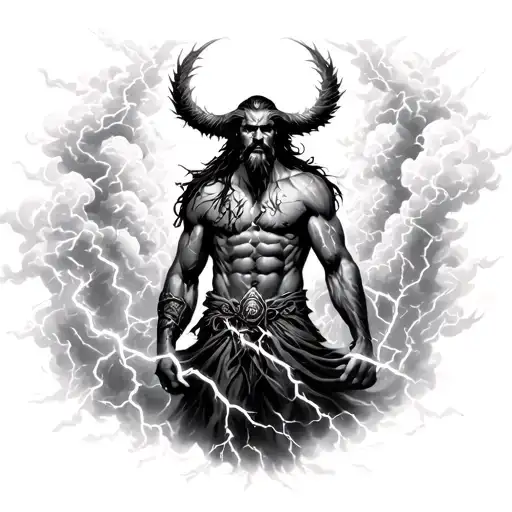 Odin in a cloud throwing lightning bolts as veins as a tattoo on a male body,  tattoo design idea