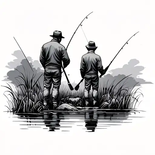 Father and son: They stand sideways on the bank, both with fishing rods in their hands. Their postures can show how they tattoo design idea