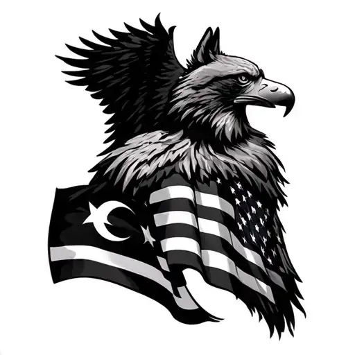 Turkish and American flag over Wolf and Eagle , all black colored. Draw animals seperately, dont draw ear on eagle tattoo design idea