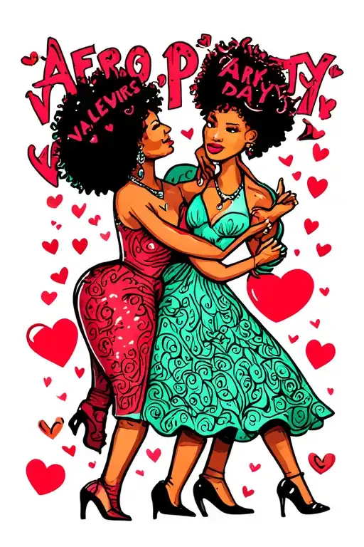 "AFRO PARTY VALENTINES DAY" AFRO PARTY pepole couple dancing together symbolizing tattoo design idea