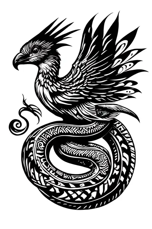 Quetzal bird flying and aztec snake tattoo design idea