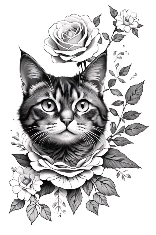 Cat with flowers and a rosette tattoo design idea