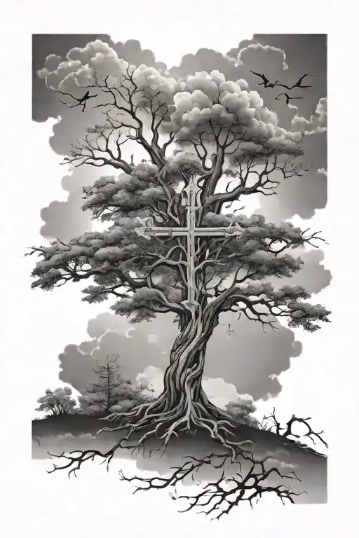 religious tree with clouds and cross tattoo design idea