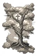 religious tree with clouds and cross tattoo design idea