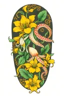 snowdrop, rose, marigold, octopus tentacles wrapping tattoo design idea