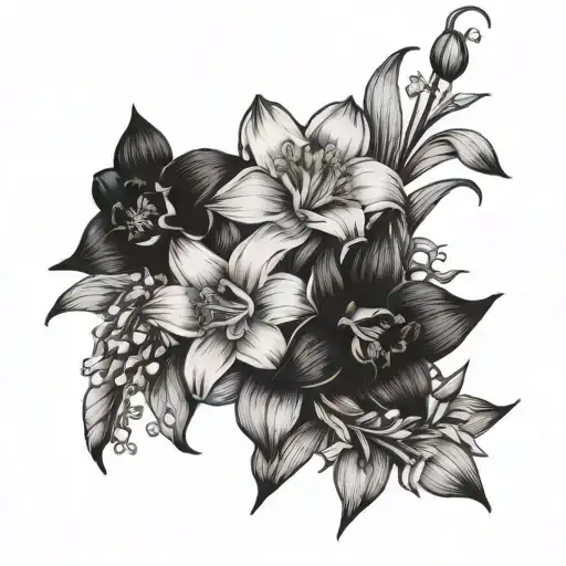 Daffodil, sweet pea, lily of the valley, and narcissus flower bouquet tattoo design idea