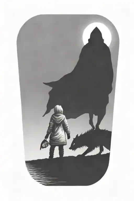 a girl with her hand on a huge hooded demon beast walking away tattoo design idea