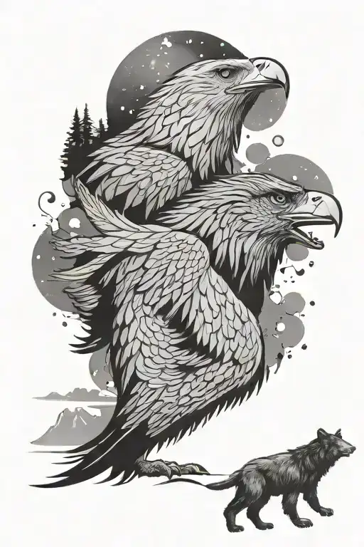  eagle flying in the sky with sparkling eyes, a wolf on a mountain cliff howling, and below, a bear roaring tattoo design idea