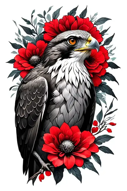 red tailed hawk with red lion flowers  tattoo design idea