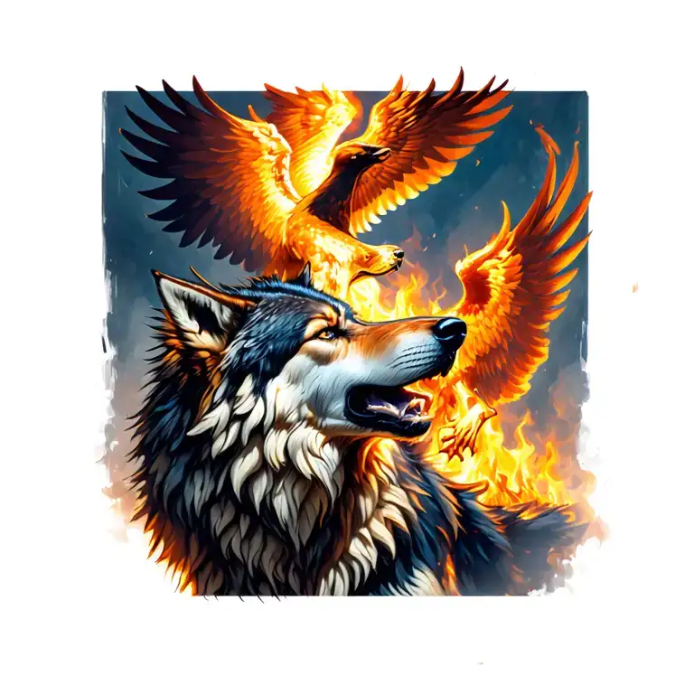 alpha wolf howling with phoenix rising from the ashes tattoo design idea