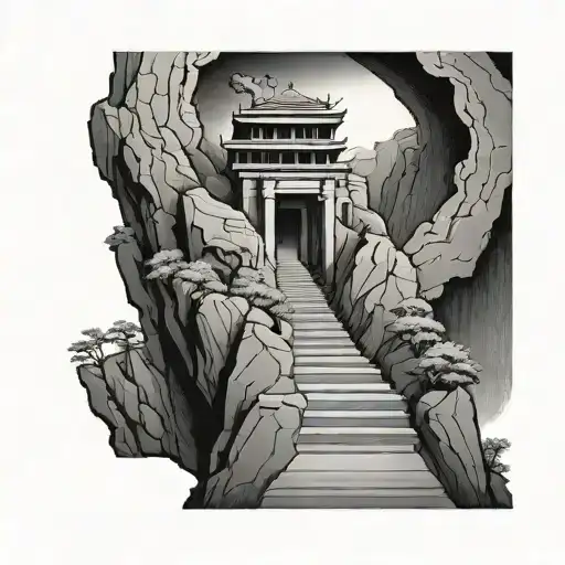 temple in a cliff with stairs tattoo design idea