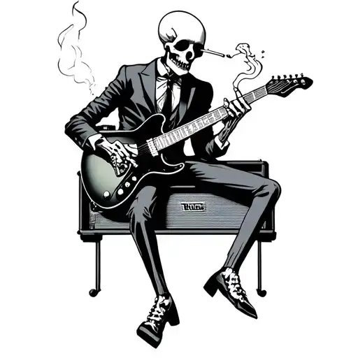 a skeleton playing electric guitar sitting on a amplifier smoking a cigarette wearing a suit and tie tattoo design idea