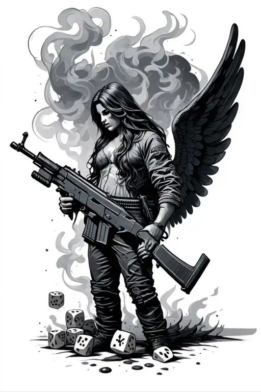 AK 47, Smoke, Dice, Angel tattoo design idea