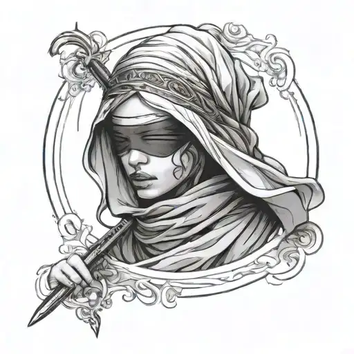 Tattoo with a minimal image of a veiled woman blindfolded with a cloth, a sword rising from the back, and at the bottom  tattoo design idea