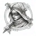 Tattoo with a minimal image of a veiled woman blindfolded with a cloth, a sword rising from the back, and at the bottom  tattoo design idea