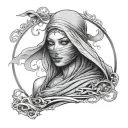 Tattoo with a minimal image of a veiled woman blindfolded with a cloth, a sword rising from the back, and at the bottom  tattoo design idea
