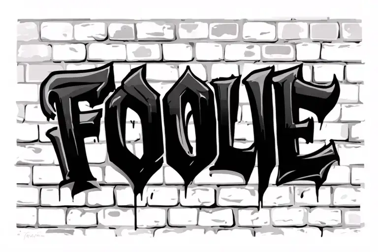 the word "FOOLIE" in old English font lettering in a  graffiti style format on a brick wall  tattoo design idea