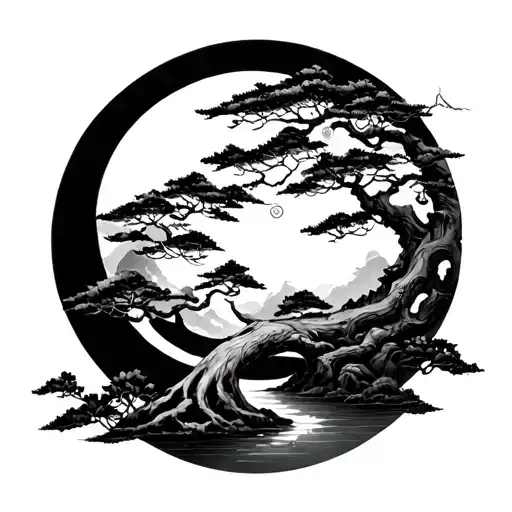 japanese oriental, world tree, duality tattoo design idea