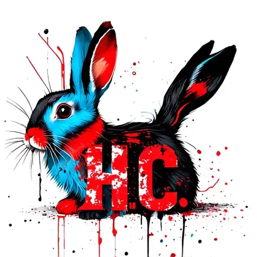 light blue red and black rabbit with the initals H C tattoo design idea