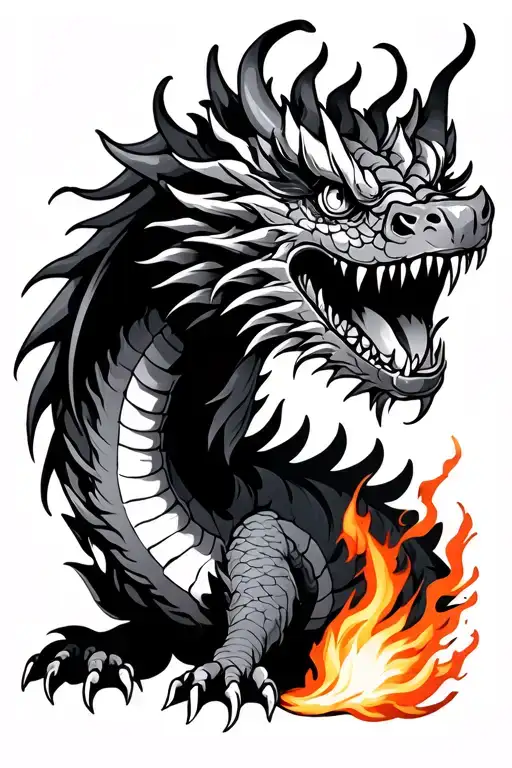 asian dragon with fireball in his paw print tattoo design idea
