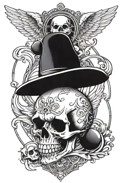 skull with wings holding an eight ball pool tattoo design idea