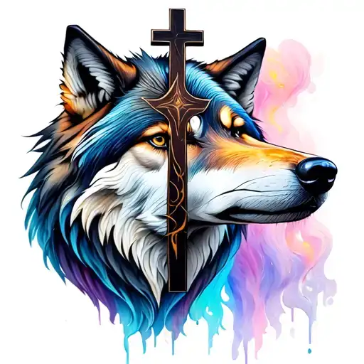 cross and wolf in a tattoo design idea