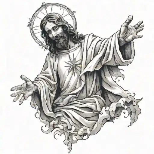 A surreal scene of Jesus performing miracles, with elements of 3D effects to make it dynamic tattoo design idea