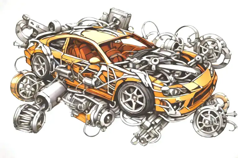 car parts intertwined tattoo design idea