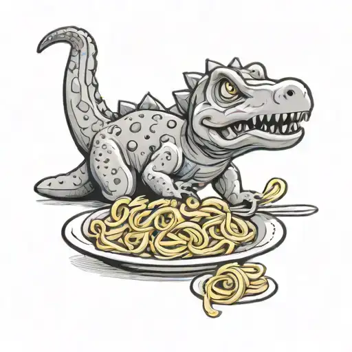 a cute adhd dino eating pasta tattoo design idea