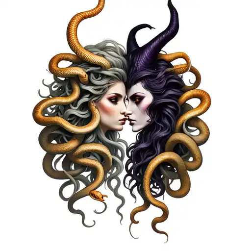 medusa with 12 snakes and maleficent facing each other tattoo design idea