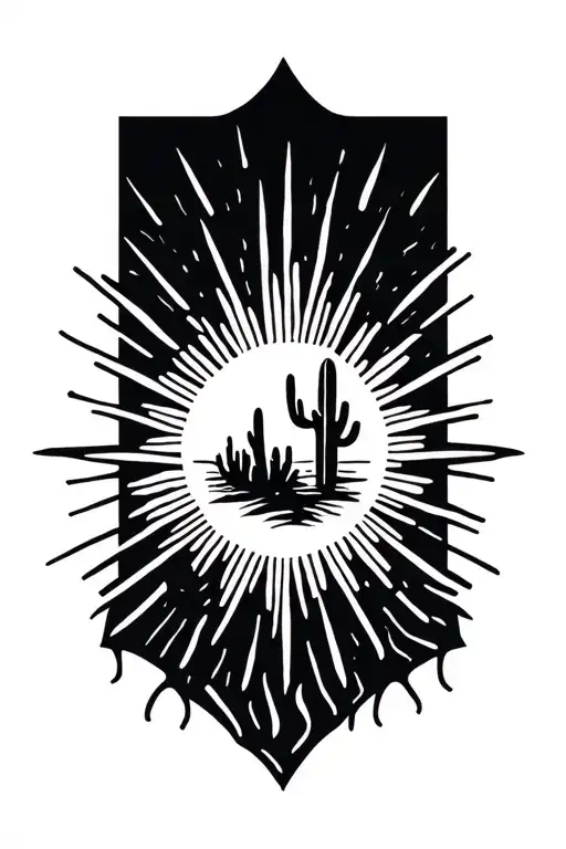 Sun rays rising desert landscape with one cactus tattoo design idea