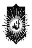 Sun rays rising desert landscape with one cactus tattoo design idea