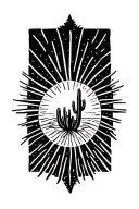 Sun rays rising desert landscape with one cactus tattoo design idea