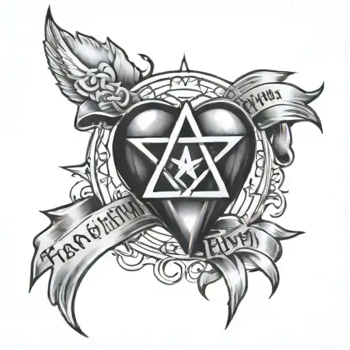 Heartagram with a banner underneath saying "heartache every moment" tattoo design idea