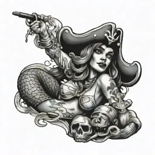 tattooed lying pirate mermaid with a bottle of rum in her hand tattoo design idea