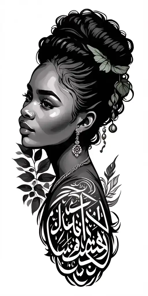Arabic writing praising grandma, masculine, with some sort of plants and animal in tattostyle black people can wear tattoo design idea