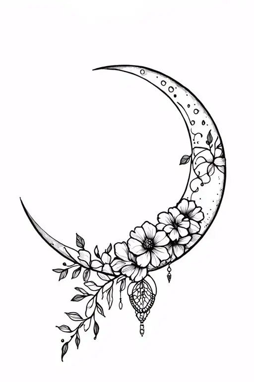 Half moon with flowers and a dream catch tattoo design idea