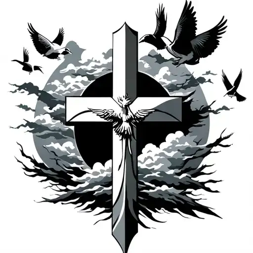 non filled in cross with clouds and birds behind it half sleeve tattoo design idea