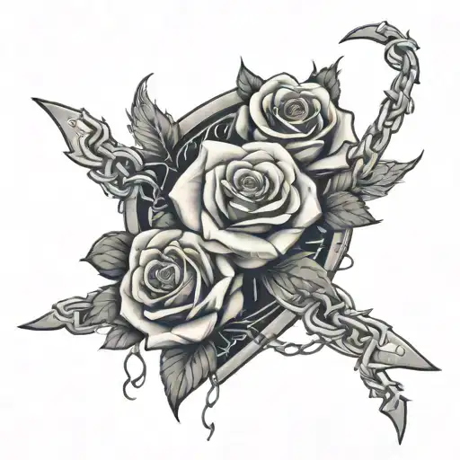 Graphic with the wording "Strong for them" with roses and barbed wire, blood drops for family members names  tattoo design idea