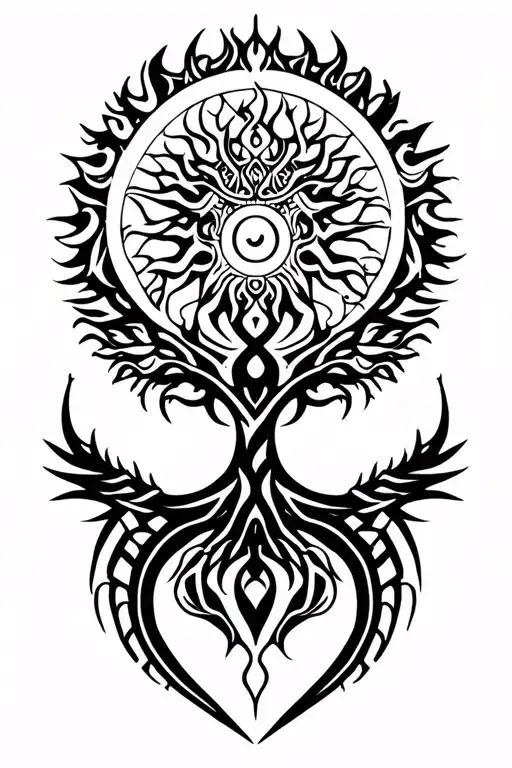 tribal design including army elements, tree of life, dna strand, goddess sun moon, dragon tattoo design idea