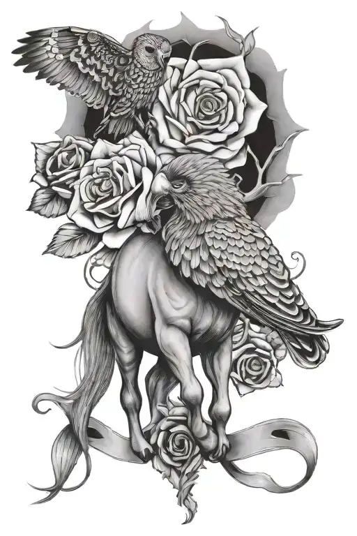 horse , owl , elephant rose tattoo design idea