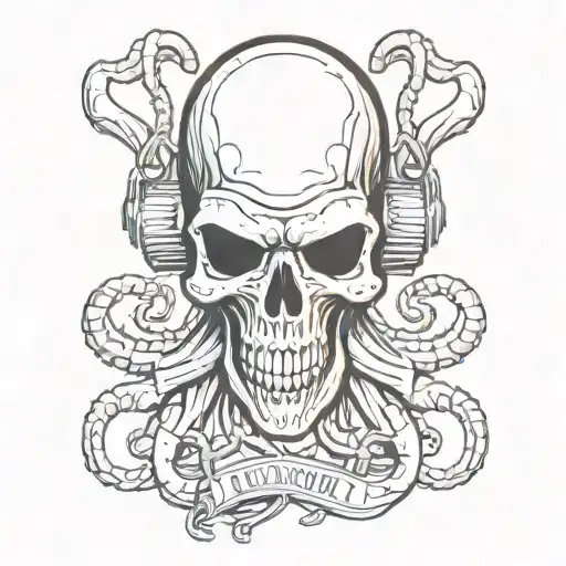 gaming skull kraken look with skeletal tentacles, headphone and hood logo  KRATOZ font style ambigram colored tattoo design idea