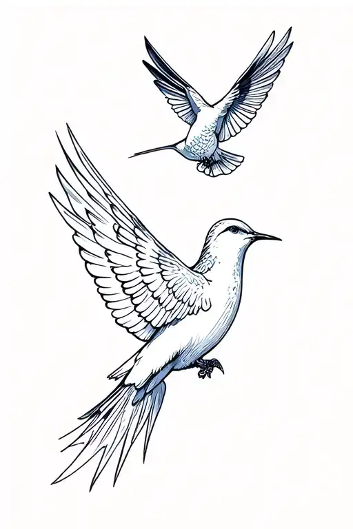 Minimalist tattoo design of a dove and a hummingbird flying upward toward the sky. tattoo design idea