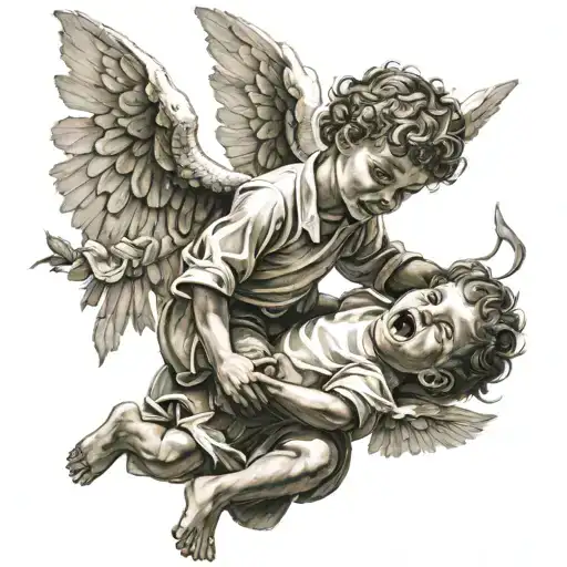  Angel distracting Little Boy From devil and Demons Trying To kill him tattoo design idea